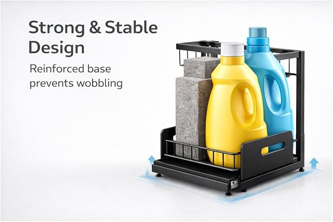 Under Sink Organizer 2 Tier Sliding Storage Rack – Carbon Steel Pull Out Cabinet Shelf for Kitchen & Bathroom, Heavy Duty Metal Under Cabinet Organizer.