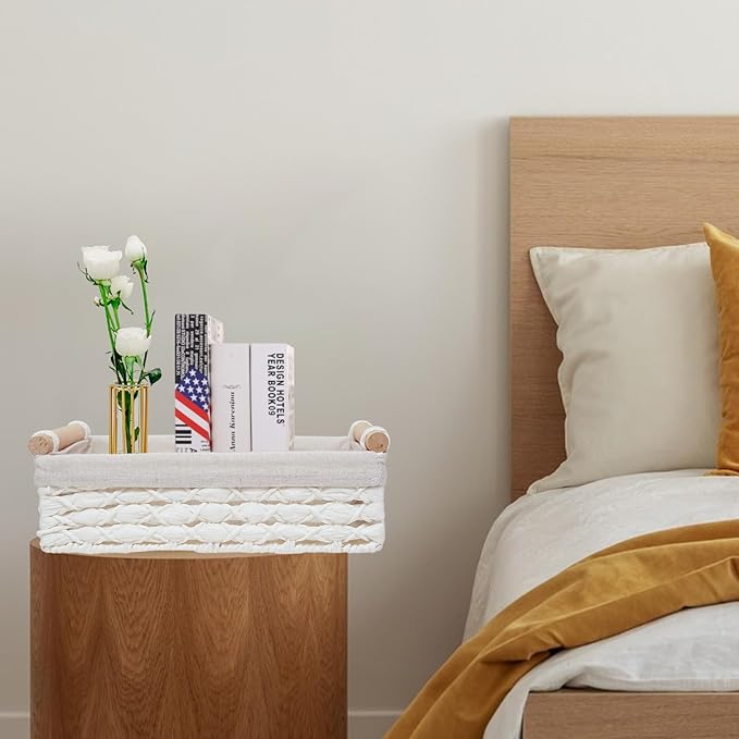Storage Basket Wicker Baskets for Organizing with Handle Decorative Storage Bins for Countertop Toilet Paper Storage Basket for Toilet Tank Top Small Baskets Set (Set of 2,White)