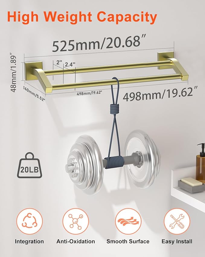 Alise Bath Double Towel Bars Towel Racks for Bathroom,20 Inch Wall Mount Towel Holder Heavy Duty SUS304 Stainless Steel Towel Hanger Towel Rail,Gold