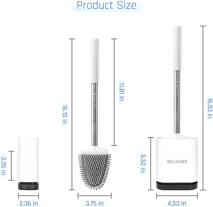 Sellemer Toilet Brush and Holder Set for Bathroom, Flexible Toilet Bowl Brush Head with Silicone Bristles, Compact Size for Storage and Organization, Ventilation Slots Base (1 Pack, White)