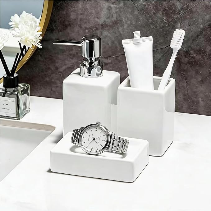 White Bathroom Accessory Set 3 Pcs,Ceramic Soap Dispenser and Toothbrush Toothpaste Holder Cup Soap Dish,Modern Countertop Bath Decor Set for Stylish Bathroom Organization