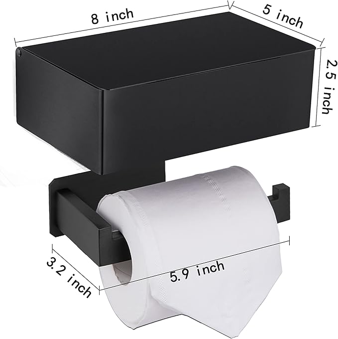 Adhesive Toilet Paper Holder with Shelf and Storage, Wall Mount Toilet Paper Roll Holder & Flushable Wipes Dispenser Set Fits Any Bathroom, Stainless Steel Tissue Holder-Square, Matte Black