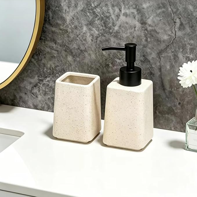 Beige Soap Dispenser and Toothbrush Holder Set,2pcs Ceramic Bathroom Accessories Set,Lotion Dispenser and Tumbler for Modern Bathroom Decor