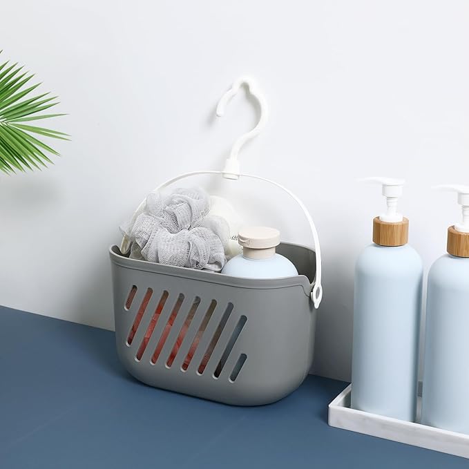 Gatuida Plastic Hanging Basket for Shower, Hanging Shower Caddy, Portable Storage Basket Kitchen Organizer with Hook for Bathroom Kitchen, 8.3 x 5.5 x 5.1 Inch (Grey)