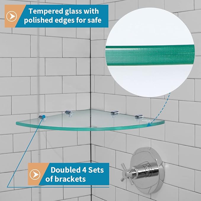 2 Pcs Tempered Glass Corner Shelf with 8 Brackets, 9.5" x 9.5" Floating Shower Caddy, Wall Mounted Shampoo Holder Organizer for Bathroom, Kitchen, Living Room
