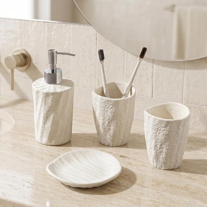 Bathroom Accessories Set, 4 PCS Modern Stone Look Bathroom Accessory Set with Hand Soap Dispenser 11.5 OZ, Tumblers, Toothbrush Holder, Bar Soap Dish Holder Saver (White)