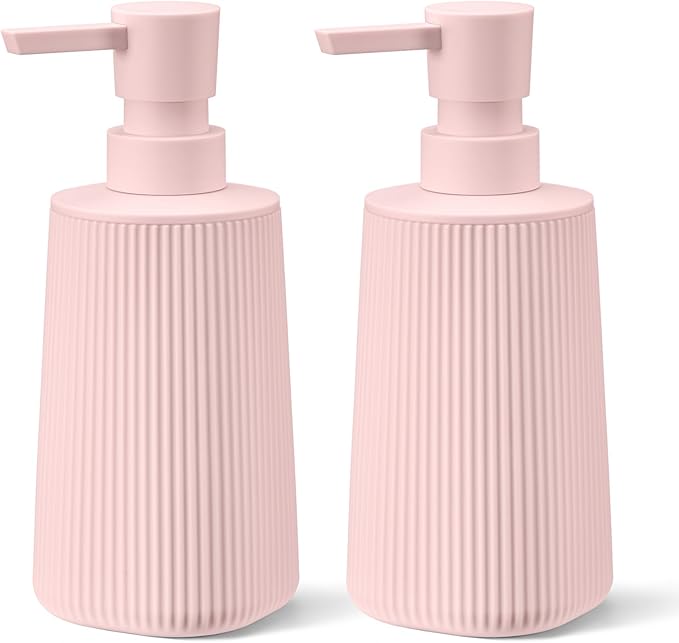 Pink 2 Pack Hand Soap Dispensers Set with No Rust Pump for Bathroom Kitchen or Vanity Countertops Refillable Striped Matte Plastic 8.5 oz Cute Design for Girls Room Decor