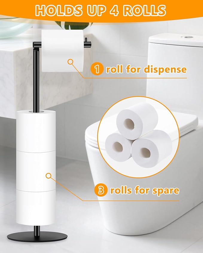 Toilet Paper Holder Stand, Bathroom Toilet Paper Stand with Shelf Hold 4 Paper Rolls, Free Standing Toilet Roll Storage Holder with Reserve, Black, Housen Solutions