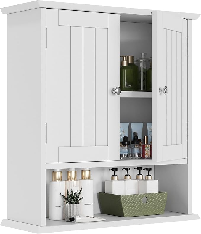 Smuxee White Bathroom Cabinet Wall Mounted, Small Bathroom Medicine Cabinet with 2 Door Adjustable Shelves, Bathroom Wall Cabinet Over Toilet for Laundry Room Kitchen