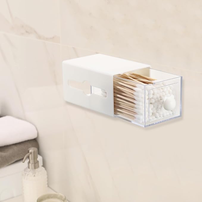 Qtip Holder Plastic Bathroom Dispenser Accessories Storage Canister Wall Mounted Apothecary Jar for Q-tip Cotton Swab Balls Pads Small Vanity Organizer with Double-sided Drawer