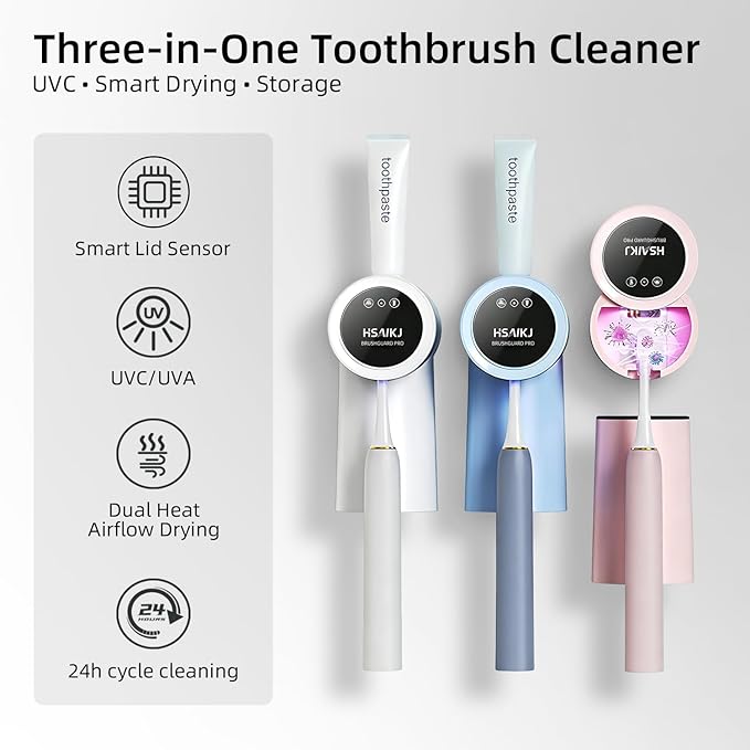 Wall Mounted Toothbrush Holder, 3-in-1 Electric Toothbrush Organizer for Personal Use, Smart Sensor Lid, Fast Air Drying, Compact with Magnetic Cup (White)