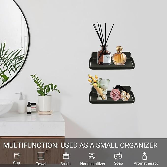 FAYYGYH 2 Pack Adhesive Floating Shelves No Drill Small Floating Shelf for Wall Storage Damage-Free Wall Mounted Organizer for Bathroom, Kitchen, Bedroom & Office (Black)