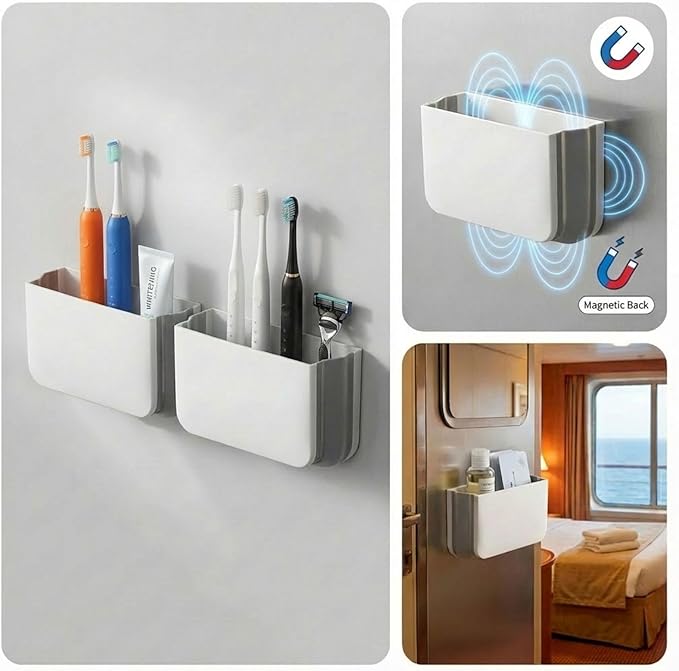 Cruise Magnetic Toothbrush Holder 2 Pack Cabin Walls, Foldable Toiletry Organizer for Disney RoyalCaribbean Carnival Cabin Bathroom, Strong Magnet, No Drilling, Space-Saving Travel Essential