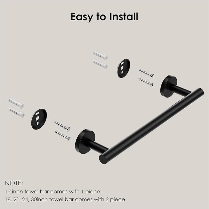 FORIOUS Towel Bar Wall Mounted, 12 inch Stainless Steel Towel Racks for Bathroom, Includes Wall Mounting Hardware (Matte Black, Total Length 14 Inch)