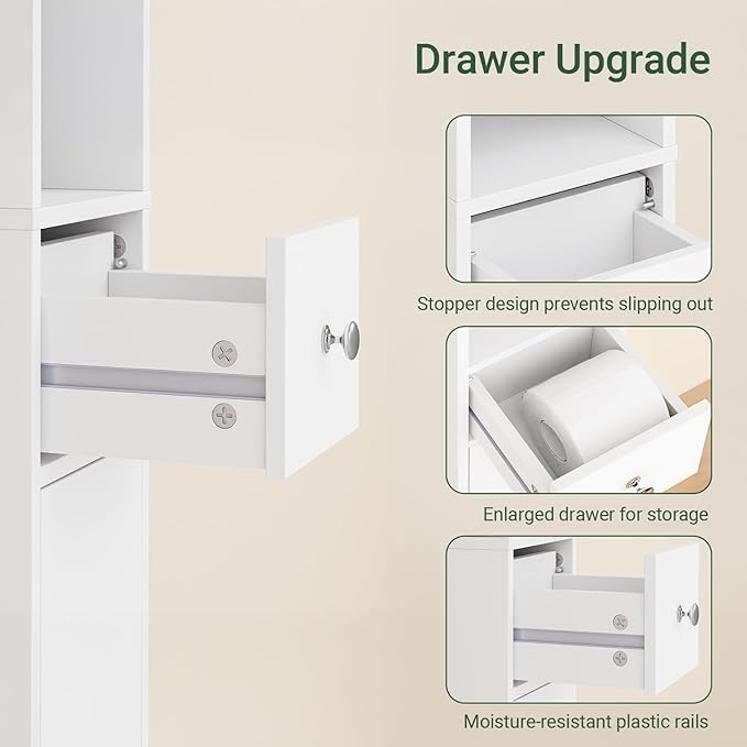 SoBuy Bathroom Narrow Storage Cabinet, Skinny Tall Unit with Adjustable Shelves Slender, Slim Bathroom Organizers and Storage, Anti-Tipping Thin Floor Standing Cupboard Laundry Room, White BZR34-W