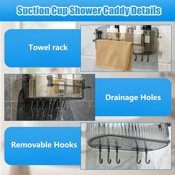 Abnaok 2026 Upgraded Bathroom Suction Storage Box, No Drill Bathroom Shelves with Drain Holes, Towel Rack, and Hooks, Load-Bearing, Removable Suction Cup Shower Caddy for Bathroom, Kitchen