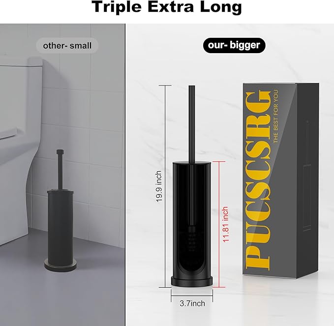 Black Toilet Brush and Holder Set，Stainless Steel Heavy Duty Toilet Bowl Brush，Extra Long Handled Modern Toilet Cleaner Brush with Replaceable Head, Removable Inner Bowl, and Splash Protection