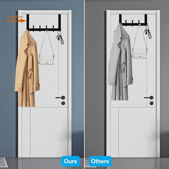 Peasulin Over The Door Hook Rack 7.4", 6 Double Hooks 12 Hanging Positions, Fits 1-3/4" Doors, White, Anti-Scratch 4 Pads, Over Door Towel Coat Rack Bathroom Bedroom Entryway (Black)