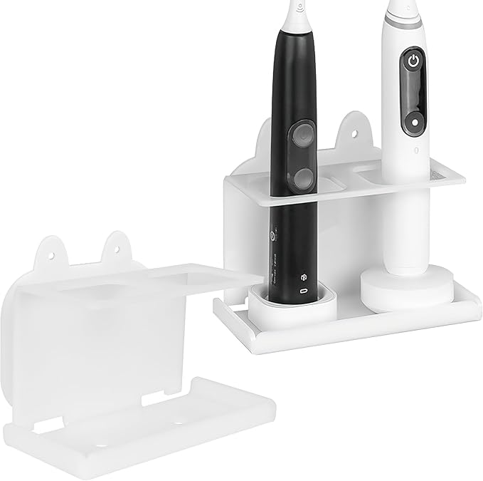 2Pack Electric Toothbrush Holder Wall Mounted, Electric Toothbrush Cord Organizer Holds 2 Chargers, Self Adhesive Electric Toothbrush Stand for Bathroom, Medicine Cabinet, Dorm(White)