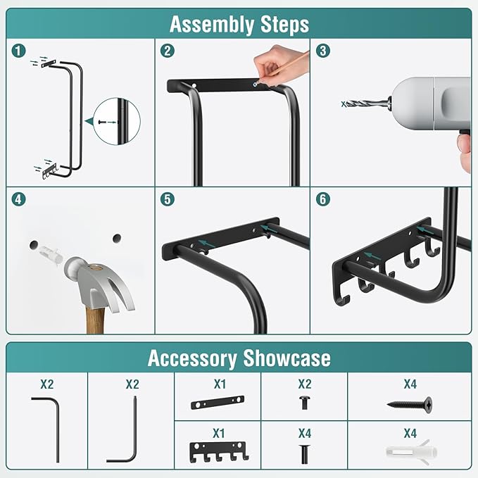 Towel Rack Bathroom Wall Holder: 27.9 Inch Wall Mounted Shower Organizer, for Rolled Towel Storage, 2 Metal Racks Plus Extra 5 Hooks, for Modern Small Space Bathroom RV Campers (Matte Black)