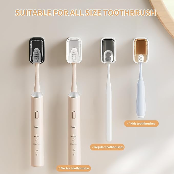 Wall Mounted Toothbrush Holders for Bathroom, Strong Self Adhesive Tooth Brush Holder with Cover, Toothbrush Heads Organizer for Family, 4 Pcs