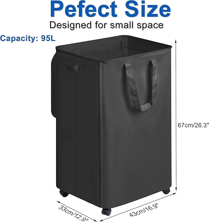 Vincona Slim Laundry Hamper with Lid and Wheels, Small Rolling Laundry Basket with Handle for Small Spaces, Tall Dirty Clothes Hampers for Dorm, Bathroom and Bedroom, 95L Black