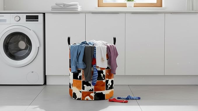 CLOCOR Round Collapsible Flat Storage Basket,Space-Saving Fabric Laundry Hamper for Clothes,Nursery Hamper,Gift Basket(Cowhide)