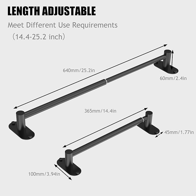 Towel Bar, Adjustable 14.4inch - 25.2inch Towel Rack, Self Adhesive Wall Mounted for Bathroom Kitchen Hand Towel Holder Cloths Hanger 304 Stainless Steel Organizer Single Bar (1, Matte Black)
