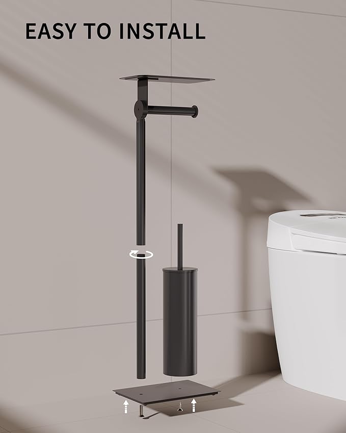 Toilet Paper Holder Stand, Free Standing Toilet Paper Holder with Shelf for Bathroom, Stainless Steel Matte Black Toilet Tissue Holder with Brush and Holder Set, Weighted Base