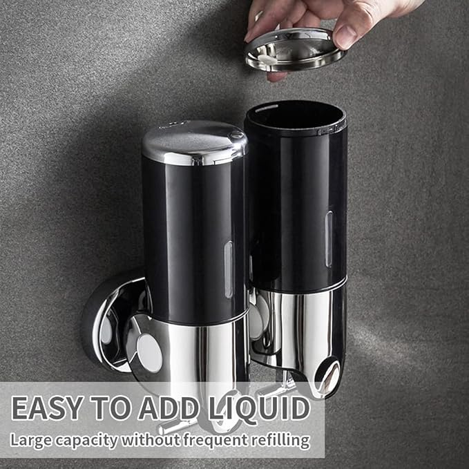 2 Chamber Wall Mounted Bathroom Shower Pump Dispenser and Organizer-Holds Shampoo, Soap, Conditioner, Shower Gel, for Bathroom Kitchen Hotel (Black 2 Chamber)