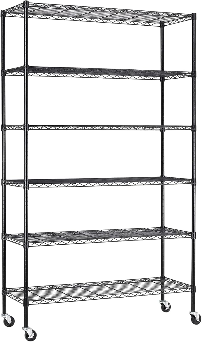 6 Tier Shelf Heavy Duty Metal Shelving Unit with Wheels, Adjustable Wire Storage Shelves 2100LBS Capacity, Garage Shelving for Pantry, Kitchen, Closet, Black, 18" D x 45" W x 82" H