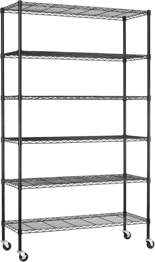 6 Tier Shelf Heavy Duty Metal Shelving Unit with Wheels, Adjustable Wire Storage Shelves 2100LBS Capacity, Garage Shelving for Pantry, Kitchen, Closet, Black, 18" D x 45" W x 82" H