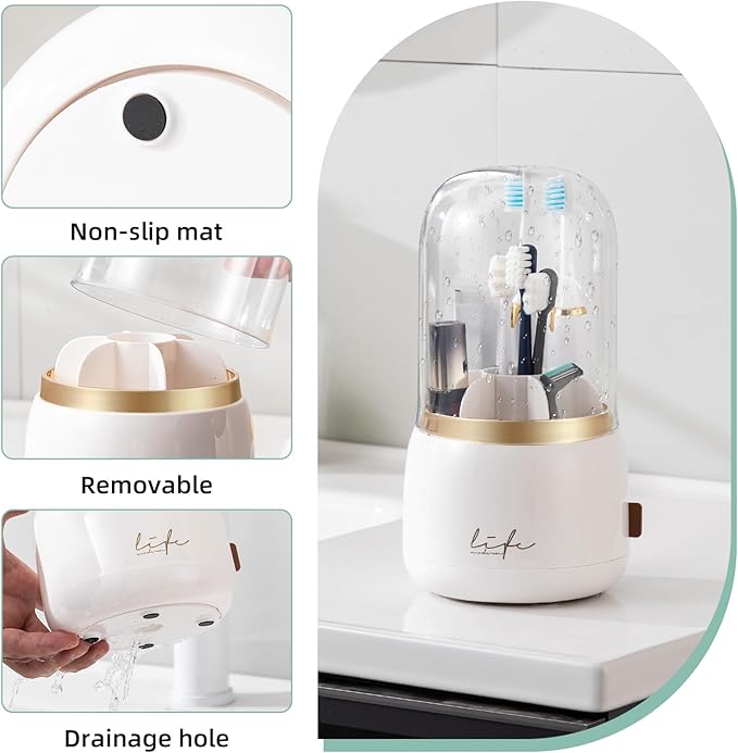 Toothbrush Holders for Bathrooms, Rotating 7 Slots Electric Toothbrush Holders with Cover, Countertop Toothpaste Organizers (White)