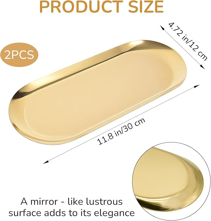 2 Pack Stainless Steel Decorative Tray, 12 Inch Oval Vanity Tray for Jewelry, Small Storage Plate for Cosmetics Organizer Bathroom Key Candle (Gold)
