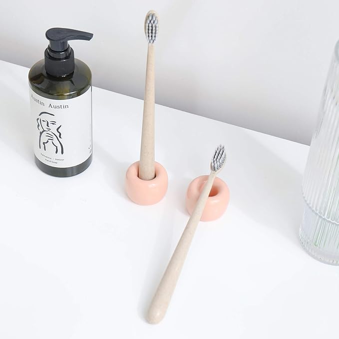 AirMoon Mini Ceramic Toothbrush Holder for Bathroom - Peach Small Countertop Organizer, Easy Clean Toothbrush Stand, Suit for Electric Toothbrush Head, Pens & Coffee Spoon, Pack of 2