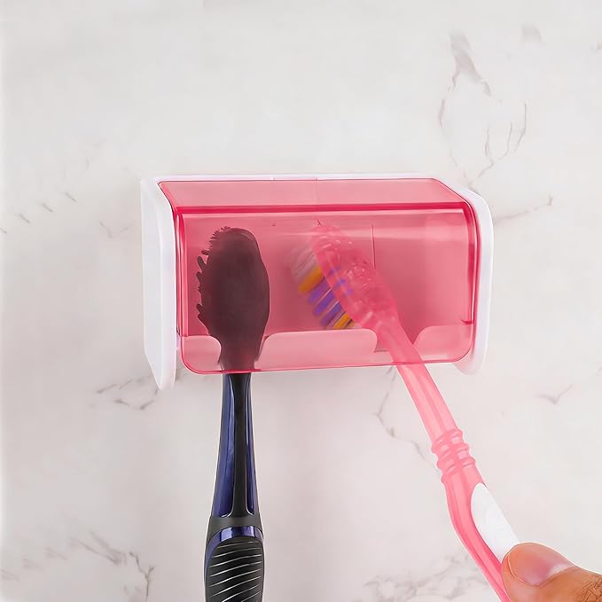 Toothbrush Holder Wall Mounted with Cover for Bathroom, 2 Slots Toothbrush Storage Organizer for Shower, Self Adhesive Toothbrush Hanger Rack for Dorm, Cabinet (Pink)