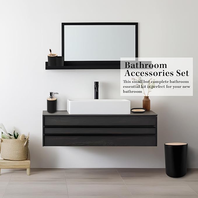 Britimes Bathroom Accessories Set, 19PC Black Shower Curtain Set with Trash Can, Soap Dispenser, Toilet Brush Holder, Toothbrush Holder and Toothbrush Cup for Bathroom Decor