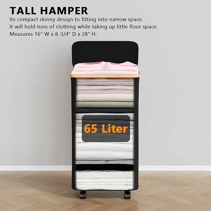 SpaceAid Slim Laundry Hamper with Wheels and Lid,62L Rolling Narrow Clothes Basket with Bamboo Handle, Large Laundry Hamper for Bedroom, Bathroom, Dorm, Laundry Room - Black