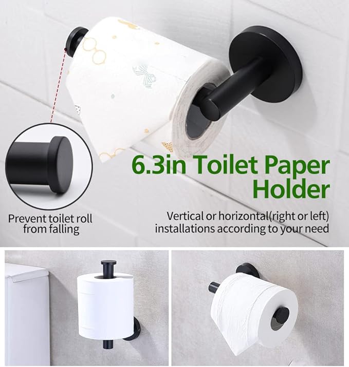10pcs Matte Black Bathroom Hardware Set, Including 2pcs 24in Retractable Hand Single Towel Bar with 2pcs Toilet Paper Holders, 2pcs Towel Rings 4pcs Multifunctional Robe Hooks