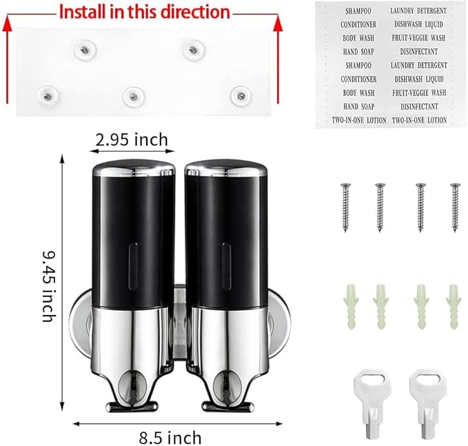 2 Chamber Wall Mounted Bathroom Shower Pump Dispenser and Organizer-Holds Shampoo, Soap, Conditioner, Shower Gel, for Bathroom Kitchen Hotel (Black 2 Chamber)