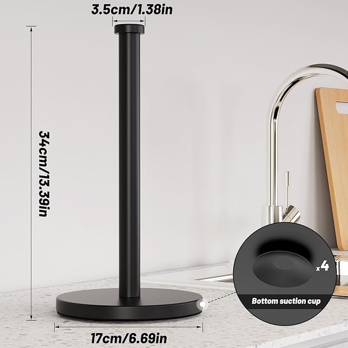 VEHHE Black Paper Towel Holder Countertop, Stainless Steel Paper Towel Holder Stand with Weighted Base Suction Cups for Kitchen Bathroom