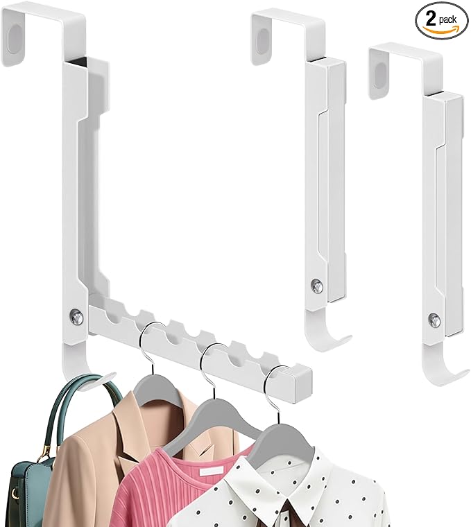 2-Pack Over The Door Hooks, 7-Hook Metal Door Hanger Clothes Drying Rack, Foldable Portable Space Saving, Extra Large Hook for Clothes Coat Bag - Bedroom Laundry Room Travel, White