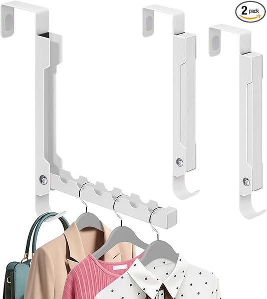 2-Pack Over The Door Hooks, 7-Hook Metal Door Hanger Clothes Drying Rack, Foldable Portable Space Saving, Extra Large Hook for Clothes Coat Bag - Bedroom Laundry Room Travel, White