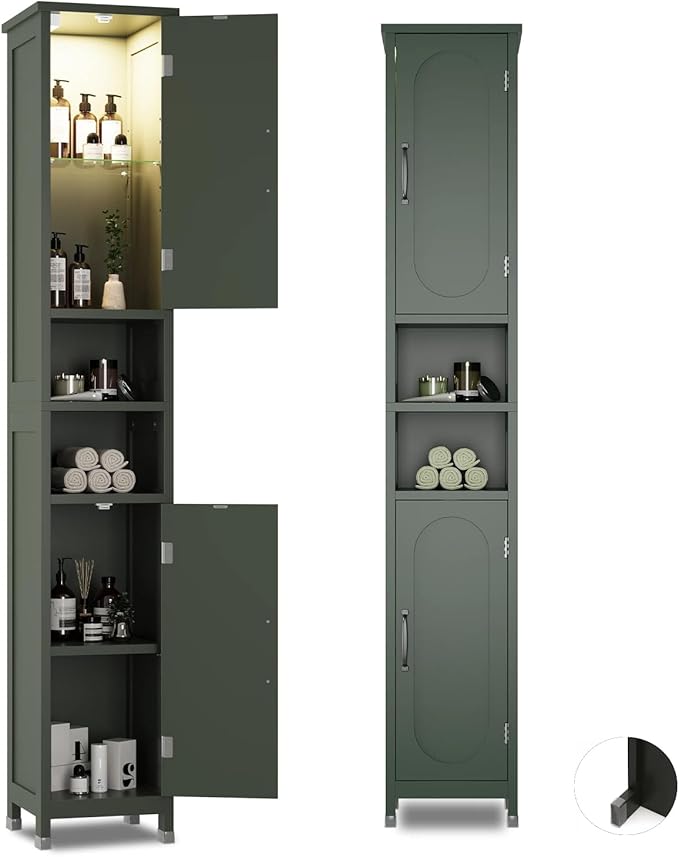 Hawkrown 67" Tall Bathroom Storage Cabinet with Lights, Slim Narrow Bathroom Cabinet Organizer with Doors and Adjustable Shelves, Tall Cabinet for Small Space (66.9" Tall-Green with Light)