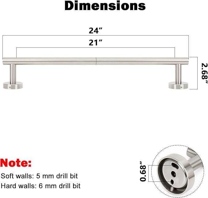 NearMoon Bath Towel Bar, Thicken Stainless Steel Shower Towel Rack Holder Wall Mounted for Bathroom, 24-lnch Overall Length-21-lnch Usable Hanging Space (1 Pack, Brushed Nickel)