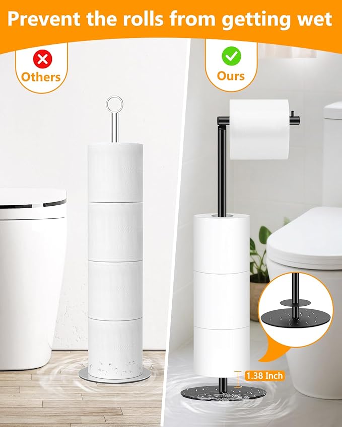 Toilet Paper Holder Stand, Bathroom Toilet Paper Stand with Shelf Hold 4 Paper Rolls, Free Standing Toilet Roll Storage Holder with Reserve, Black, Housen Solutions