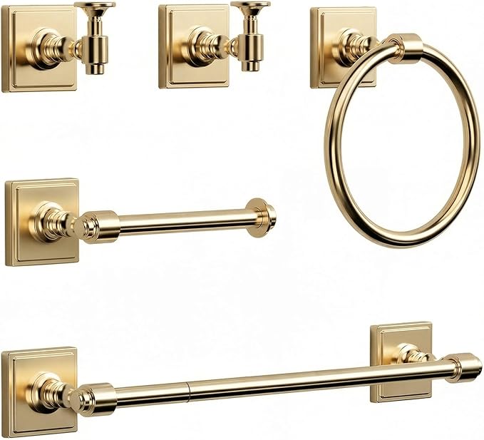 Champagne Gold Bathroom Towel Bar Set, 5 Piece Bathroom Hardware Accessory Set, SUS304 Stainless Steel 24" Towel Rack Holder Set for Bathroom, Wall Mounted