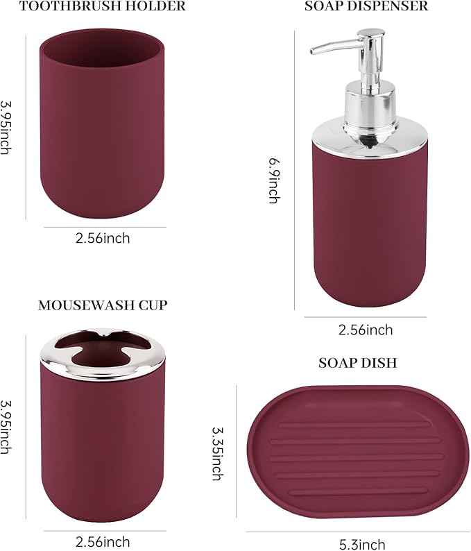 Bathroom Accessory Set, 4 Pcs Plastic Bathroom Set Include Soap Dispenser, Soap Dish, Toothbrush Holder, Mousewash Cup, Modern Bahtroom Décor Set, Space Save for Bathroom(Burgundy)