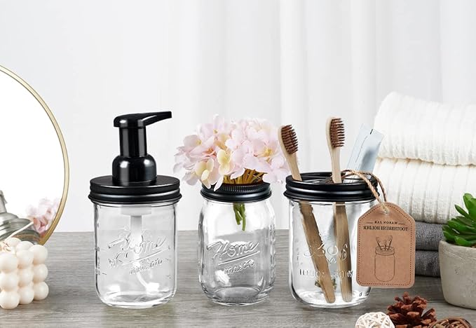 SheeChung Mason Jar Toothbrush Holders, Bathroom Accessories, Bathroom Essentials, Bathroom Organizers and Storage, Bathroom Countertop Organizer, Glass Toothbrush Holders for Bathroom-Black, 2Pcs