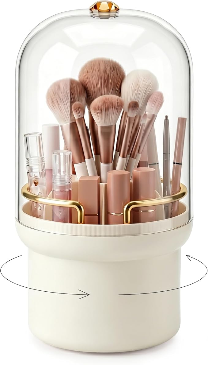 Makeup Brush Holder, 360° Rotating Cosmetic Display Cases with Clear Lid, Bathroom Countertop Organizer for Vanity, Waterproof Toothbrush Holders for Make Up Brushes, Toothpaste, Lip Gloss (Cream)